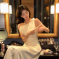 French style swing collar off-shoulder dress 2025 temperament satin fishtail high-end skirt R1479