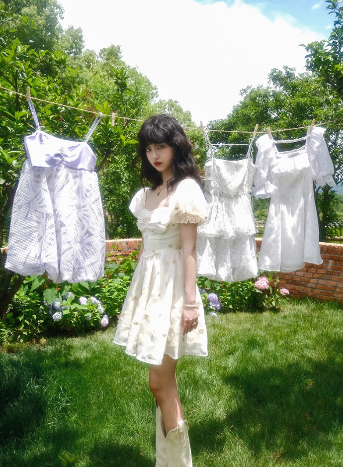 French puff sleeve white floral dress fairy temperament dress vacation R2762
