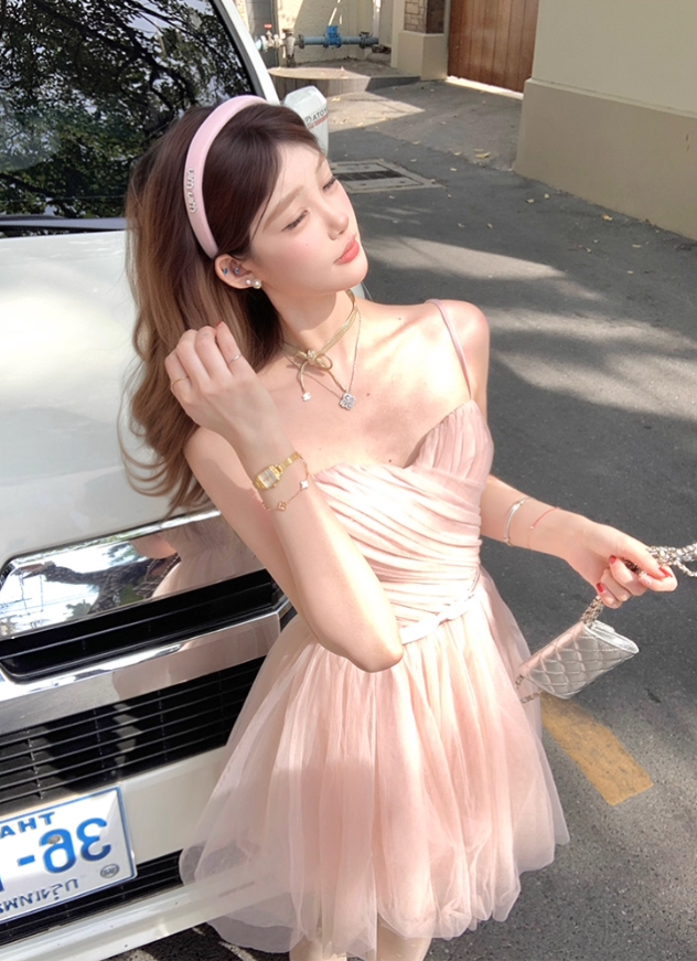 Pink waist chiffon suspender dress for women summer French retro temperament slim skirt R4866