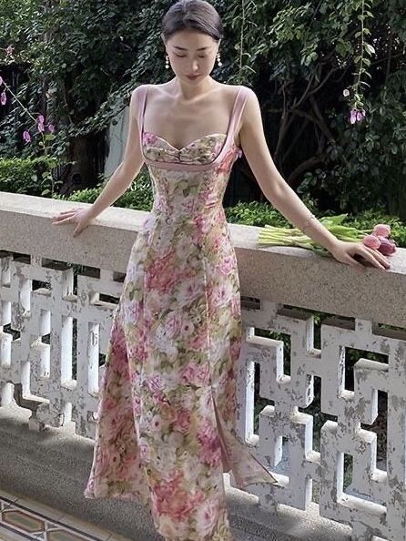 Retro pink floral suspenders waist slim fit long skirt homecoming dress R3681