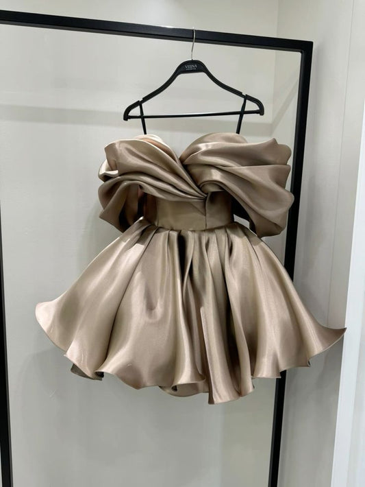 Gray brown one-shoulder high-end satin gentle waist puffy skirt short skirt homecoming dress R4100