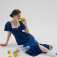 Blue French dress puff sleeves skirt retro style small square collar tea break long dress female summer R3456