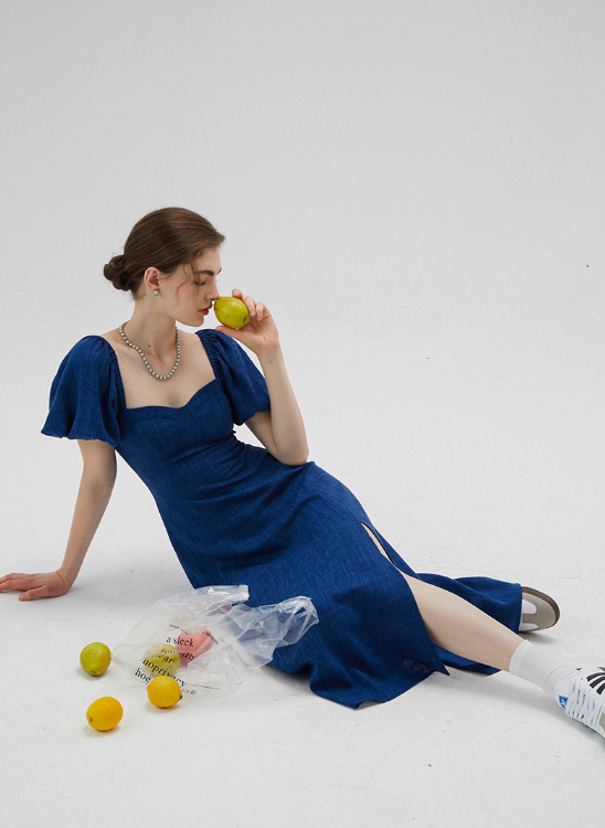 Blue French dress puff sleeves skirt retro style small square collar tea break long dress female summer R3456