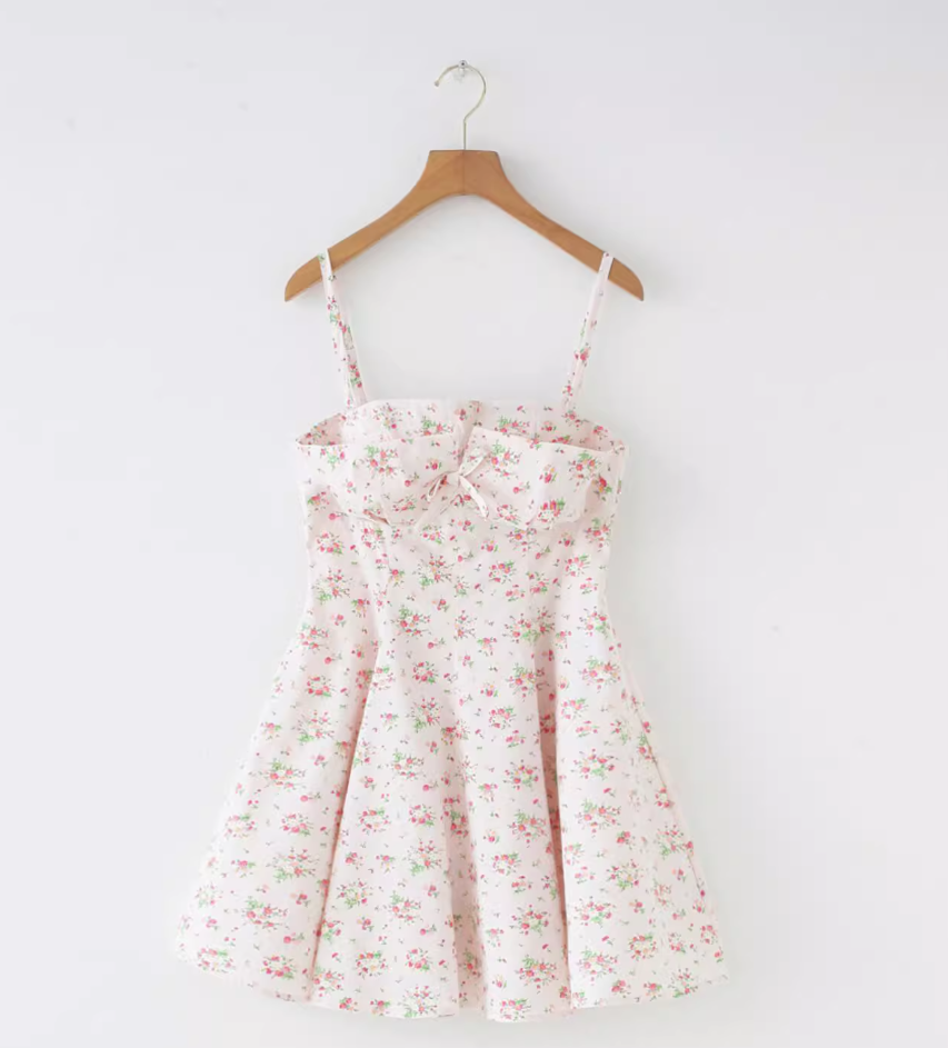 French retro sky blue floral chest cushion for slimming, waist cinching, large skirt with suspender R2873