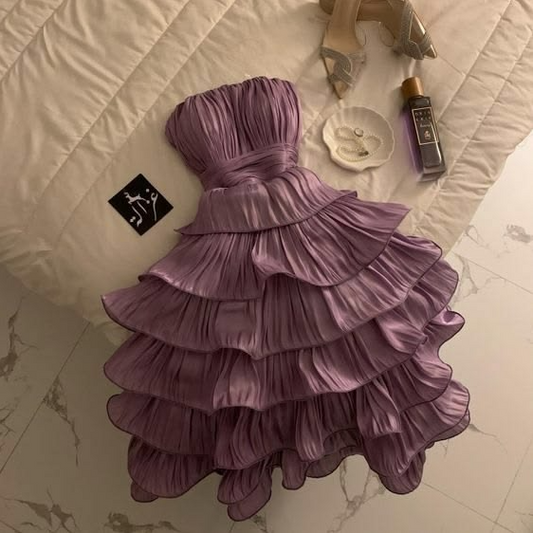 Elegant Purple Ruffled A-line Strapless Pressed Pleats Corset Mini Prom Dress Homecoming Dress RS561