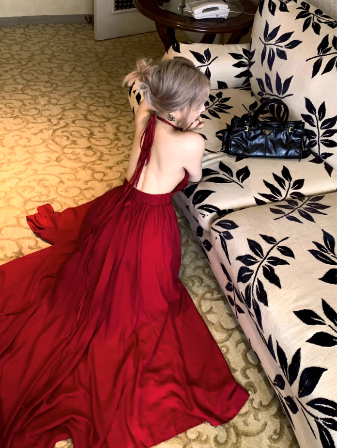 Fairy lace halter neck red dress holiday beach dress deep v backless slit long dress R1740