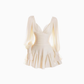French gentle style beige puff sleeve dress 2025 pleated waist a-line skirt R1113
