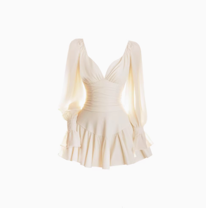 French gentle style beige puff sleeve dress 2025 pleated waist a-line skirt R1113