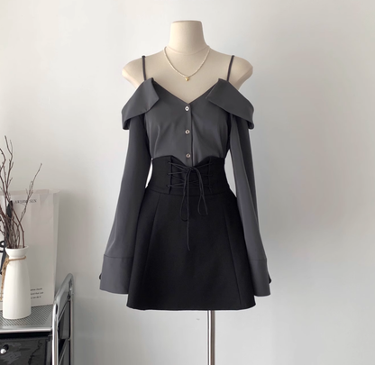 Gray suspender shirt and skirt pure desire style sweet and spicy two-piece suit R2084