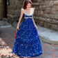 Lace stitching U-neck floral long dress French romantic holiday Klein blue suspender dress R1727