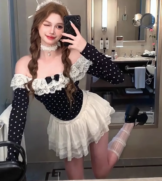 Large size French pure desire one shoulder polka dot top puffy cake skirt slim suit R1850