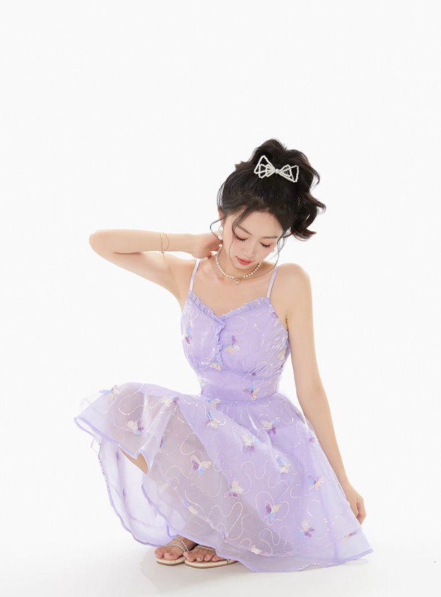 Purple fairy lace chiffon suspender dress women's summer waist mesh skirt R4181