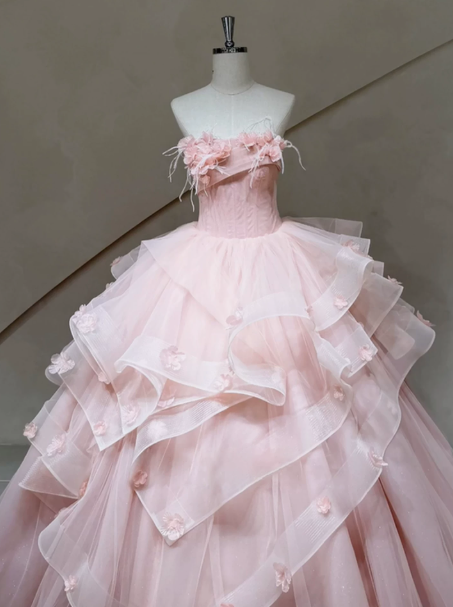 Charming Blush Pink Ball Gown Strapless Applique Corset Maxi Quinceanera Dress RS566