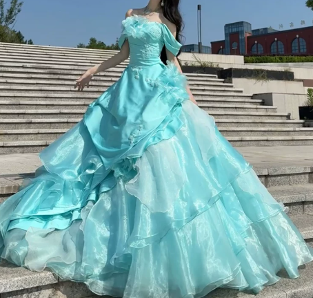 Elegant Mint Green Ball Gown Off-the-shoulder Applique Corset Maxi Quinceanera Dress RS567