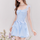 Holiday-style bow-knot two-way design French waist blue dress R4541