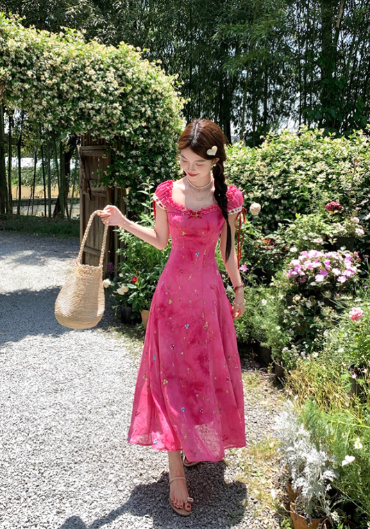 Rose Red Embroidered Square Neck Puff Sleeve Waist Suspender Dress Summer French Style Dress R4657