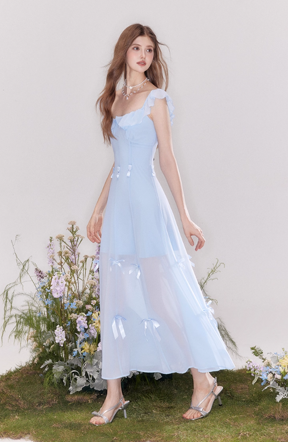 Holiday-style bow-knot two-way design French waist blue dress R4541