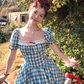 Square collar plaid waist short sleeve dress women's summer French style skirt R4826