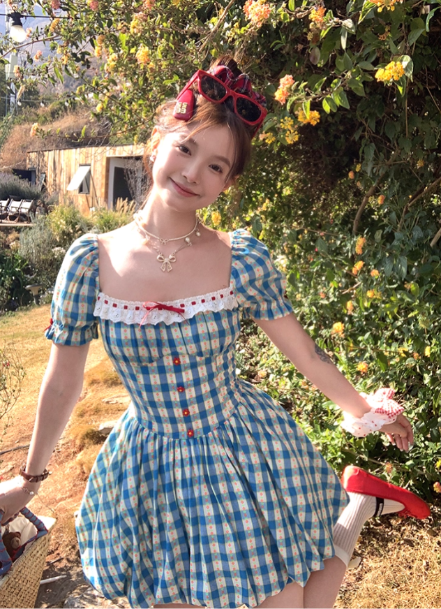 Square collar plaid waist short sleeve dress women's summer French style skirt R4826