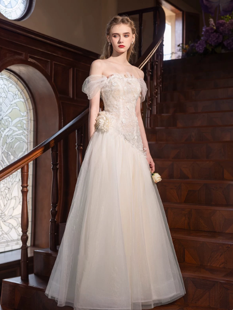 French Chic White A-Line Off-the-shoulder Embroidery Maxi Wedding Dress RS569