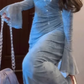 Beautiful holiday style skirt, beautiful, unique, gentle and elegant blue v-neck long-sleeved dress R0477