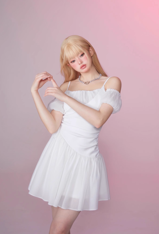 White Moonlight Pleated Tie Waist Off-Shoulder Puff Sleeve Dress R5253
