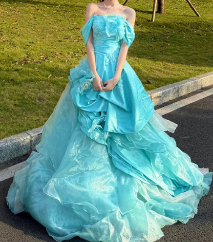 Elegant Mint Green A-Line Off-the-shoulder Applique Corset Maxi Quinceanera Dress RS570