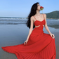 Beach resort long dress with a sense of atmosphere, slim waist and beautiful suspender dress R1577