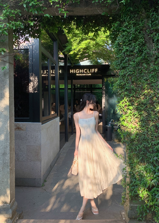 Romantic holiday style suspender dress summer hollow white lace temperament long skirt R4423