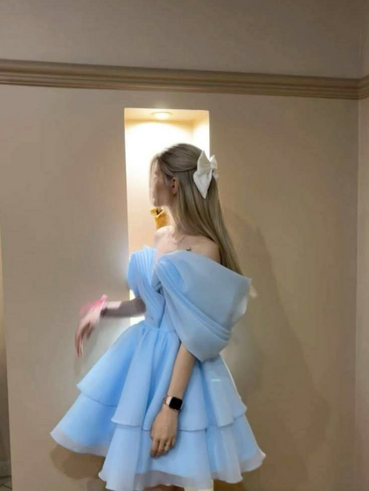 Dreamy Tulle Ruffled Women's Homecoming Dress Baby Blue Corset Short Prom Gown Birthday Dress RS2947