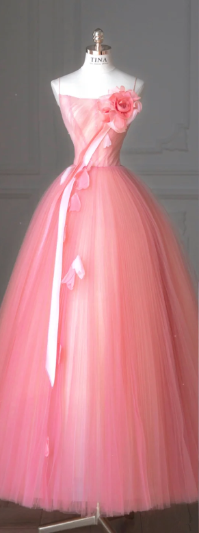 Pink suspender waist slim A-line tulle skirt ball gown, bridal gown R6008
