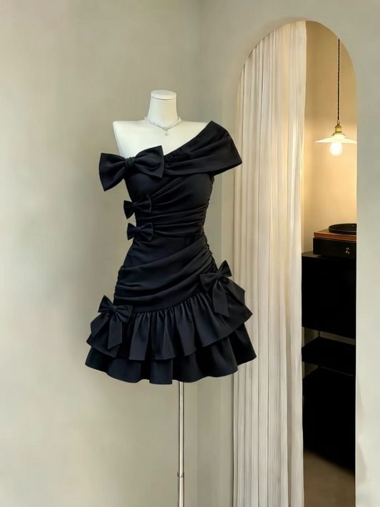 Tiered One-shoulder Women's Homecoming Dress Black Corset Short Prom Dress Party Dress RS2446