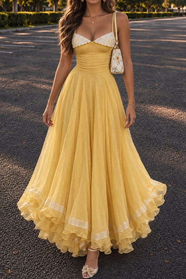 Vibrant Chiffon Flowy Prom Gown Yellow Women's Corset Maxi Evening Dress Casual Dress RS2891