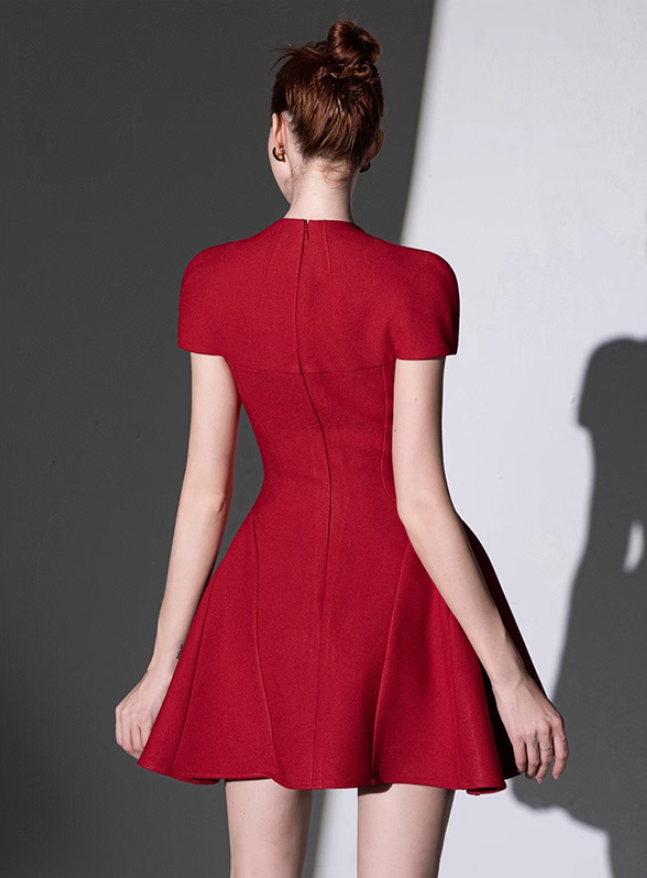 French white satin short-sleeved banquet temperament slim dress dress homecoming dress R2983