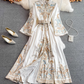 New style palace style retro print long sleeve waist long skirt single breasted stand collar dress R0322