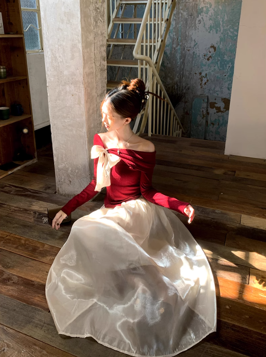 Fairy temperament high-end suit one-shoulder bow sweater with skirt two-piece suit R1725