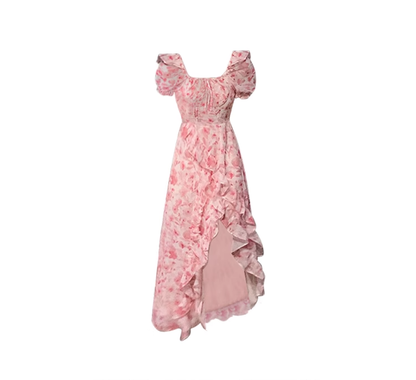 Tea break French seaside vacation chiffon floral dress 2025 new waist slit irregular long skirt R0104