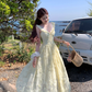 Yellow long v-neck waist hollow rose suspender dress summer French retro skirt R4872