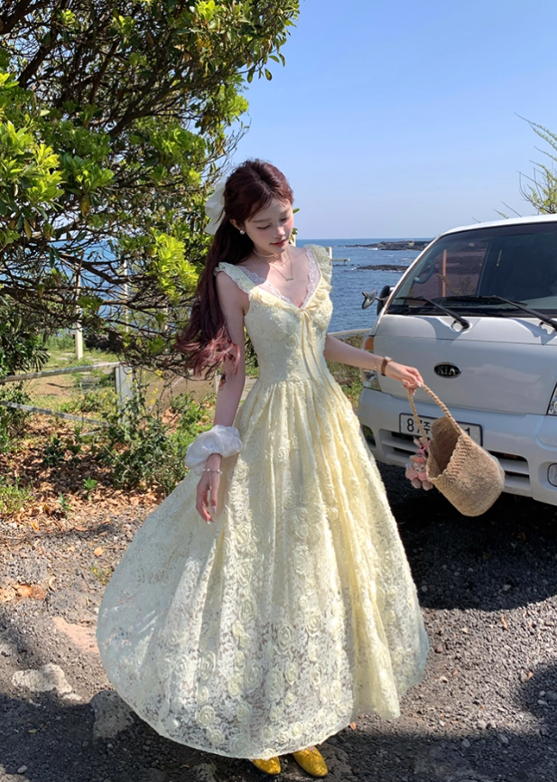 Yellow long v-neck waist hollow rose suspender dress summer French retro skirt R4872