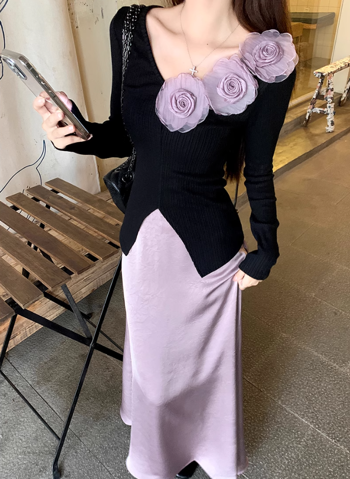 Fairy three-dimensional rose French top high waist A-line skirt gentle outfit two-piece suit R1702