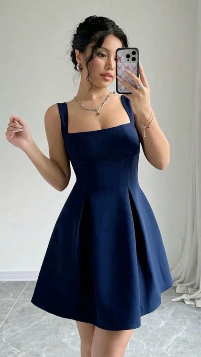 Blue suspenders waist slim A-line short skirt homecoming dress R3860