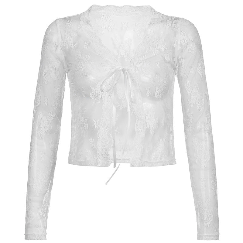 Women Sexy See Through Long Sleeve Lace Mesh Vintage Tie Up Floral Crop Tops Cardigans    S2509