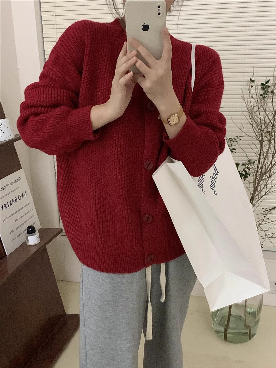 round neck solid color knitted cardigan for women autumn retro soft waxy loose warm sweater jacket      S3378