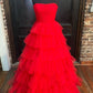 A-line Strapless Pleated Multi-Layers Tulle Long Prom Dress     S3226