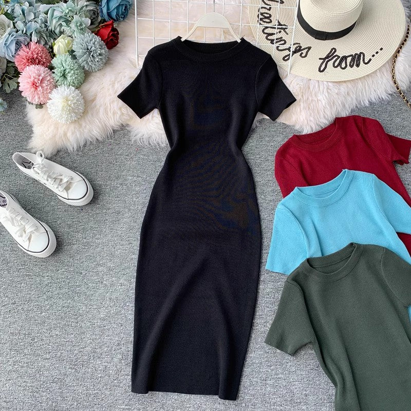 Short-sleeved solid color round neck elastic knitted tight skirt dress mid-length     S3947