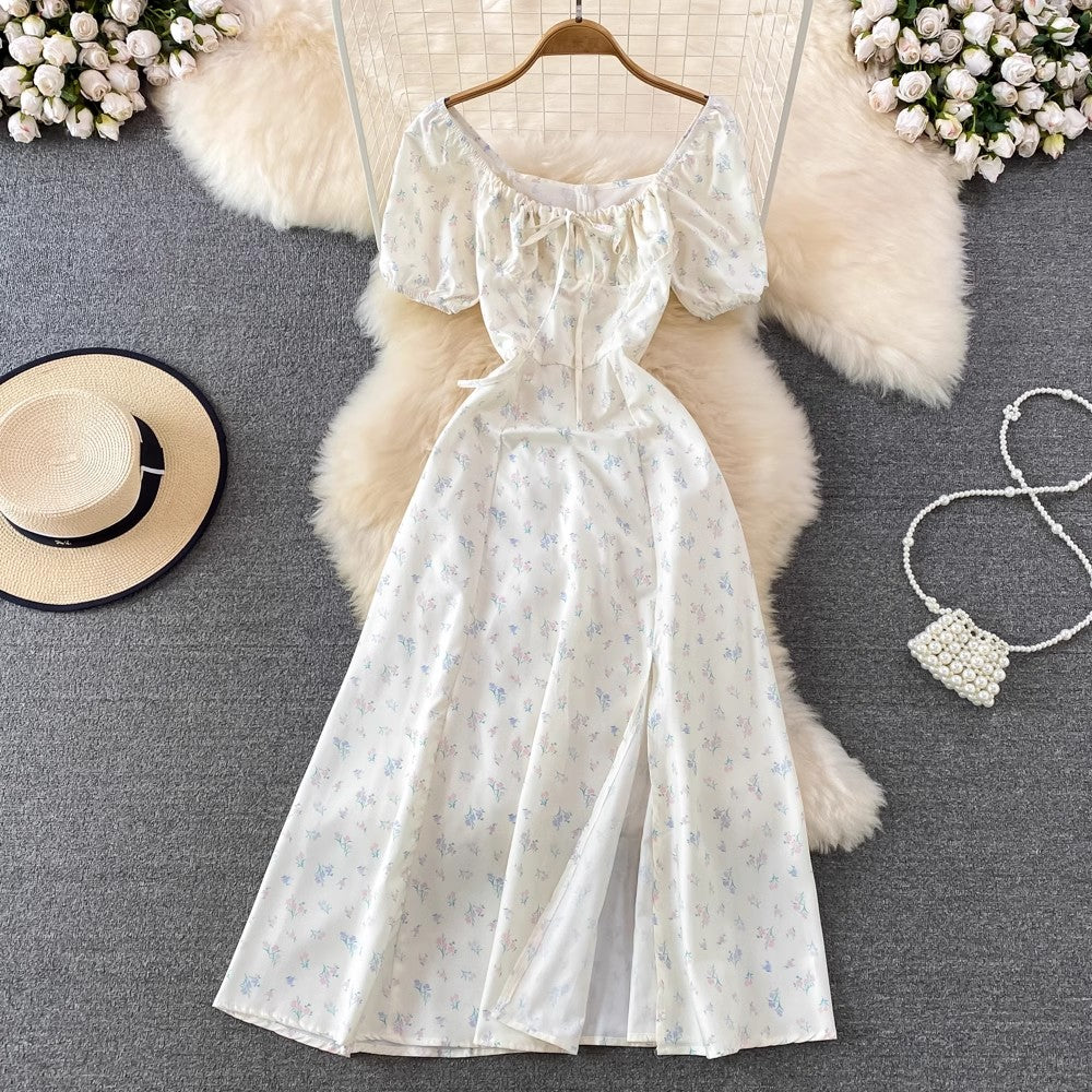 floral puff sleeves lace-up sexy dress women's long dress     S3971