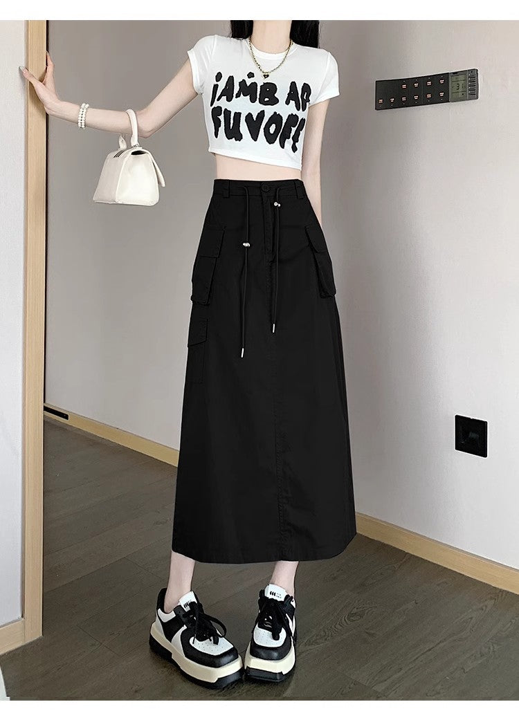 workwear skirt for women summer new mid-length high-waist drawstring a-line long skirt    S3416