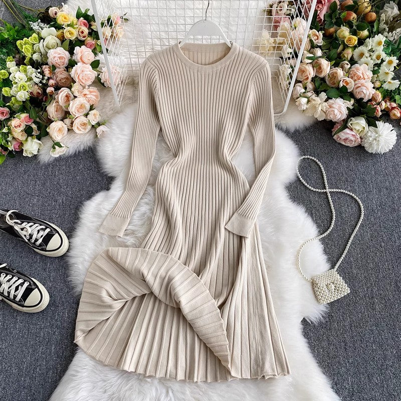 round neck knee-length knitted dress women's mid-length A-line sweater dress      S3942