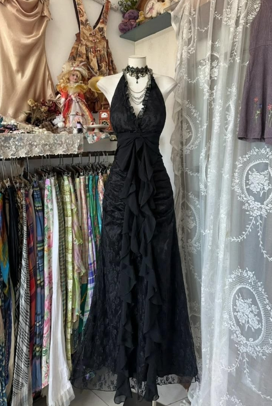 Halter Pleated Flowy Corset Prom Gown , Black Women's Maxi Evening Dress Party Dress RS2405