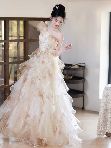 Elegant Ivory Floral A-Line One-shoulder Corset Maxi Evening Dress RS571